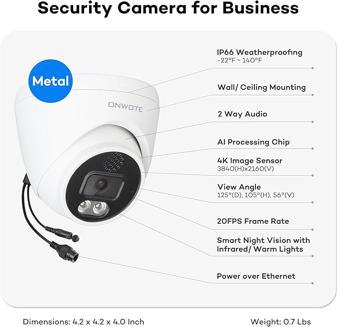 ONWOTE 2 Way Audio 4K 8MP PoE IP Camera, AI Human Vehicle Detection Activate Bright Spotlight, 125° Wide File of View, Indoor/Outdoor, Commercial Wired Camera for Business, Add-on to PoE NVR System