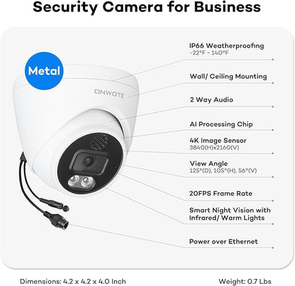 ONWOTE 2 Way Audio 4K 8MP PoE IP Camera, AI Human Vehicle Detection Activate Bright Spotlight, 125° Wide File of View, Indoor/Outdoor, Commercial Wired Camera for Business, Add-on to PoE NVR System