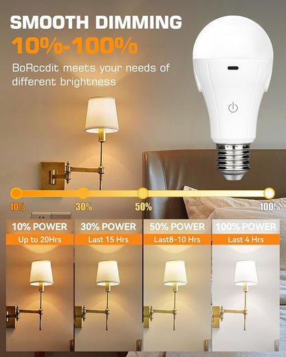 BoRccdit CordlessGlow 15W A19 Rechargeable Light Bulbs with Remote, 3 Color Temperatures + Dimmable Battery Operated Light Bulb, up to 24 Hours,6pk
