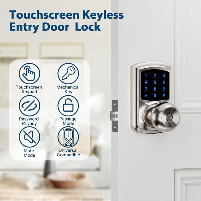 Hidalife Keyless Entry Door Lock with Code, Keypad Door Lock with Handle, Touchscreen Digital Lock with Keypad for Front Door, Auto-Lock, Satin Nickel
