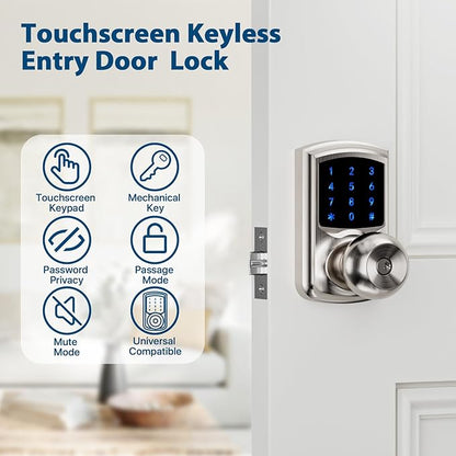 Hidalife Keyless Entry Door Lock with Code, Keypad Door Lock with Handle, Touchscreen Digital Lock with Keypad for Front Door, Auto-Lock, Satin Nickel