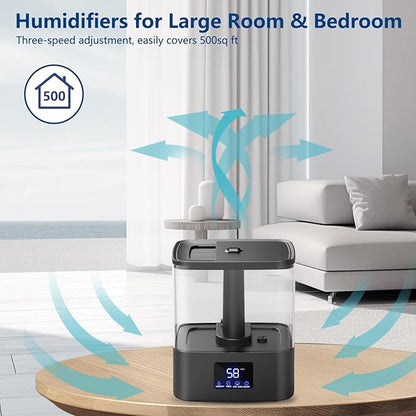 KZF Humidifier for Bedroom, 6L Ultrasonic Cool Mist Easy Clean 3 Adjust the Humidity, Suitable for Bedroom Study Room Kids Room Yoga Office, Quite and Smart Top Fill Design