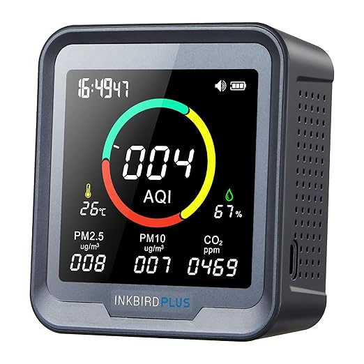 INKBIRDPLUS 6-in-1 Indoor Air Quality Monitor, Detects CO2, PM2.5, PM10, AQI, Temperature and Humidity for Rooms, Cellars, Grow Tents, Offices, etc. (PTH-9A)
