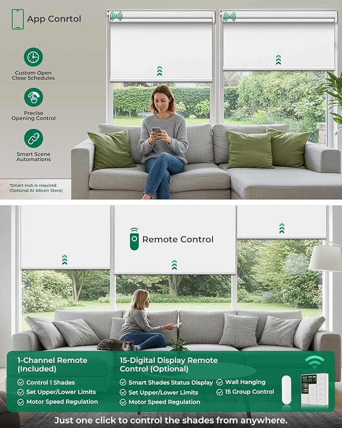 Allesin Motorized Blinds with Remote | Automatic Blackout Roller Shades, Easy Install & Smart Control Electric Blinds for Home Office, Living Room (Custom Size and Color)
