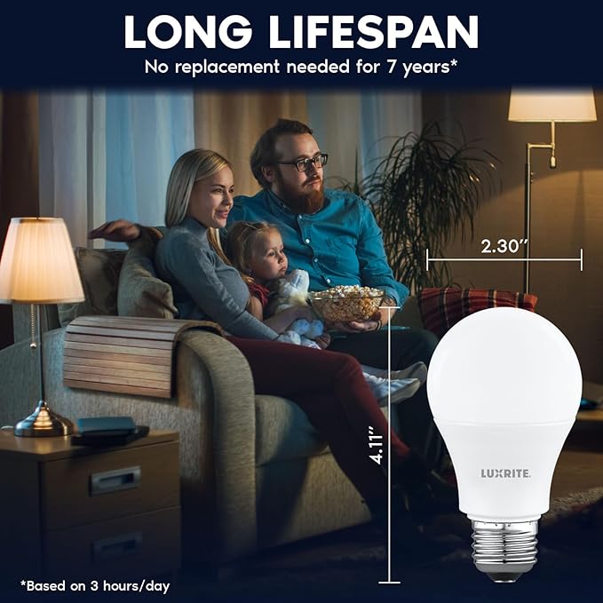 LUXRITE A19 LED Light Bulb 60 Watt Equivalent, Non Dimmable, CRI80, 3500K Natural White, 800LM, Standard LED Light Bulbs 8W, E26 Base, Enclosed Fixture Rated, Damp Rated, ETL Listed (8 Pack)