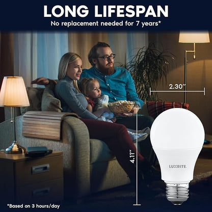 LUXRITE A19 LED Light Bulb 60 Watt Equivalent, Non-Dimmable, 3500K Natural White, 800LM, Standard LED Light Bulbs 8W, E26 Base, Enclosed Fixture Rated, Damp Rated, ETL Listed (96 Pack)