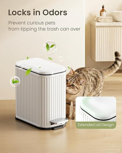 Cesun Bathroom Small Trash Can with Lid Soft Close - 1.3 Gallon Slim Garbage Can with Removable Inner Bucket, Stainless Steel Waste Basket with Step Pedal for Bedroom, Living Room, Office, White