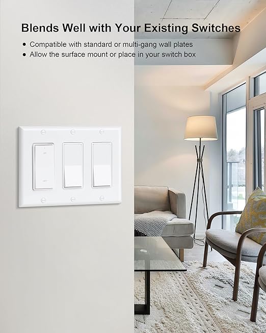 Wireless Remote Control Outlet, Decorator Rocker Wall Switch, 200FT Long Range, Mini Remote Outlet Plug, 15A/1875W High-Power for Lamps, Lights, Household Appliances(2 Switches and 1 Outlet)