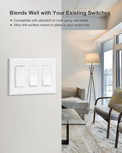 Remote Control Outlet, Decorator Rocker Wall Switch, 200FT Long Range Wireless Light Switch, Mini Remote Outlet Plug, 15A/1875W High-Power for Lamps, Lights, Household Appliances, ETL Listed