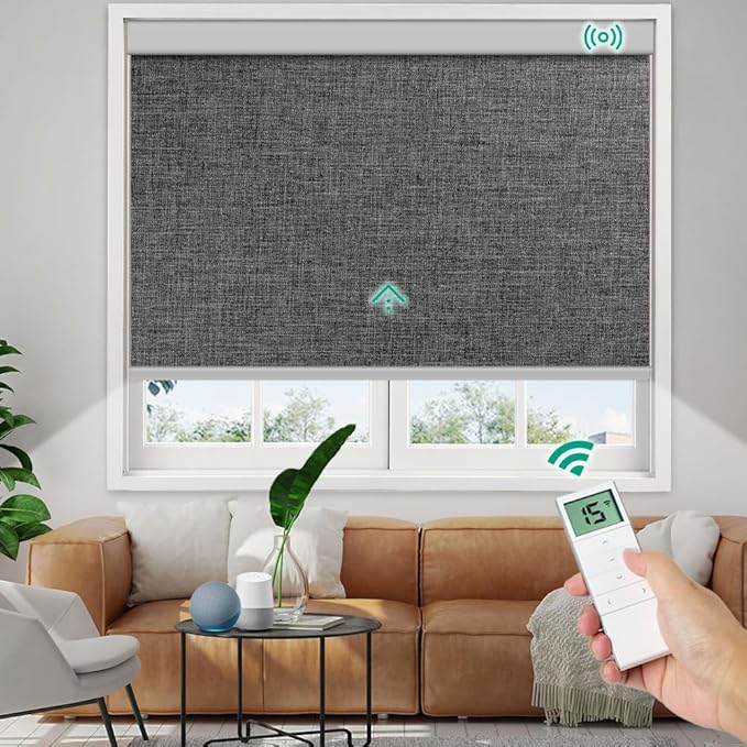Motorized Roller Shades, 10O% Blackout Remote Control Custom Window Shades Compatible with Alexa Google Assistant via RF Hub, Rechargeable Electric Blinds for Windows (Fabric Dark Grey)