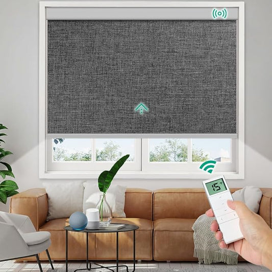 Motorized Roller Shades, 10O% Blackout Remote Control Custom Window Shades Compatible with Alexa Google Assistant via RF Hub, Rechargeable Electric Blinds for Windows (Fabric Dark Grey)