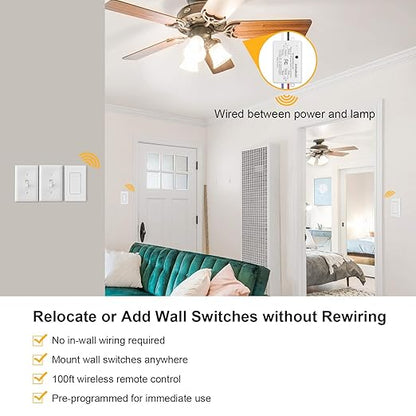 SURAIELEC Wireless Remote Light Switch, No Wiring, No WiFi, 100ft RF Range, Pre-Programmed, Expandable Wireless Wall Switch and Receiver Kit, Remote Control Light Fixture for Lamp, Ceiling Light, Fan
