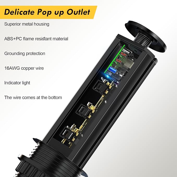 Kungfuking Pop Up Outlet for Countertop, Socket with 3 AC Outlets & 2 PD 20W USB-C & 1 USB-APorts, Pull Power Kitchen Conference Office, 3-3/8 Inch(85MM) Hole Grommet Strip, Dark Black