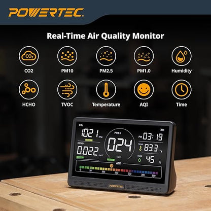 POWERTEC AD1001 Air Quality Monitor with 7” LCD Display – Multi-Sensor CO₂, PM2.5, PM10, HCHO, TVOC Detector, NDIR Sensors, Rechargeable Indoor/Workshop Air Monitor
