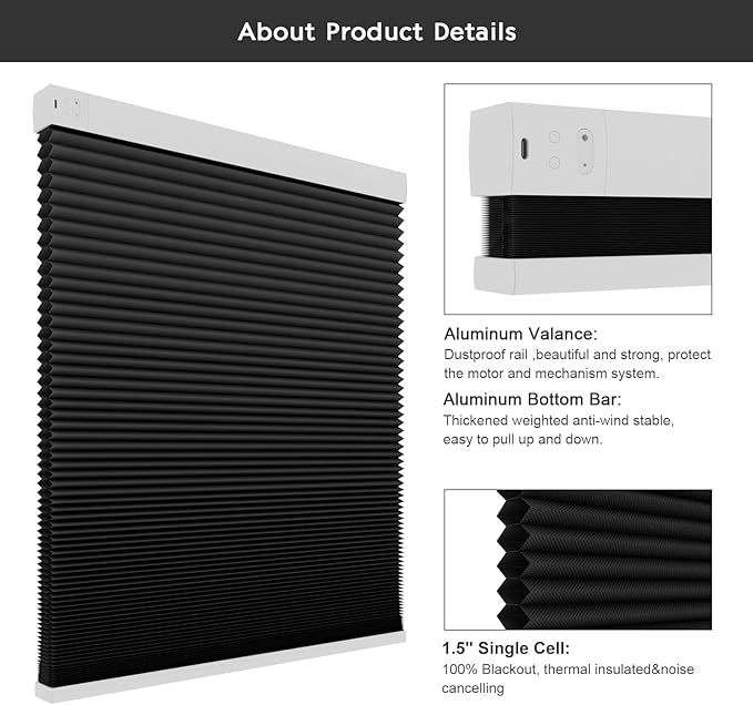 Changshade Motorized Cellular Shades Remote Control Blackout Room Darkening for Indoor Windows, Custom Size Smart Honeycomb Blinds Electric Automatic Solar Panel Work with Alexa, Google Home, Black