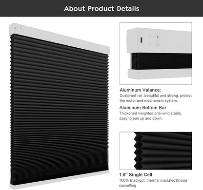 Changshade Motorized Cellular Shades Remote Control Blackout Room Darkening for Indoor Windows, Custom Size Smart Honeycomb Blinds Electric Automatic Solar Panel Work with Alexa, Google Home, Black