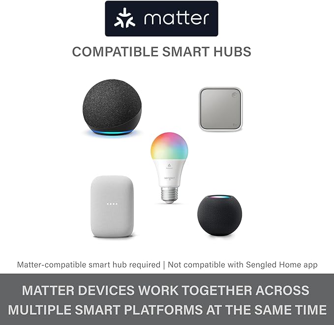 Sengled Matter LED Smart Light Bulb (A19), Multicolor, Compatible with Alexa, 60W Equivalent, 800LM, Instant Pairing, 1-Pack