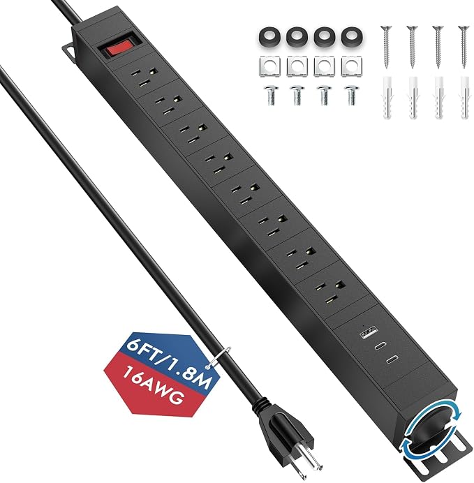 360° Rotating Mountable Power Strip with USB Ports, 8 Outlet Power Strips Wall Mount, Metal Heavy Duty Versatile Outlet with 6FT Power Cord,for Home Office Industrial Garage Commercial