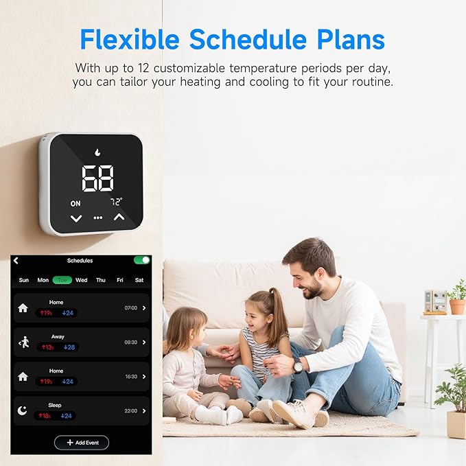 Smart Thermostats for Home, WiFi Thermostats Compatible with Alexa and Google Assistant,7day x 8period Programmable Control Tuya/Smart Life, Energy Saving, C-Wire Require (Black)