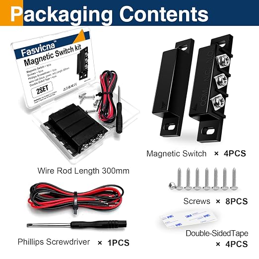 2 Pack Magnetic Reed Switch NC NO, Wired Door Window Contact Sensor, Black | Surface mount design, 22AWG leads, Includes screws, tape and screwdriver