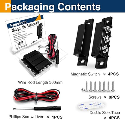 2 Pack Magnetic Reed Switch NC NO, Wired Door Window Contact Sensor, Black | Surface mount design, 22AWG leads, Includes screws, tape and screwdriver