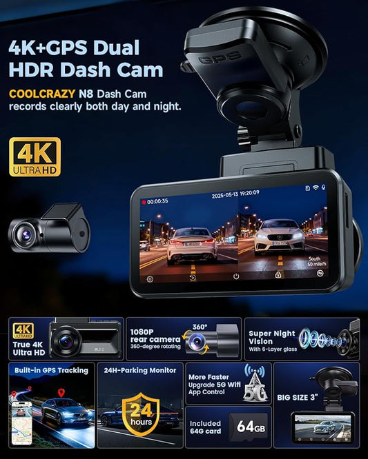 COOLCRAZY Dash Cam Front Rear - 4K+1080P Full HD Dashcam Free 64GB Card, with 5G WiFi GPS, Dual Dash Camera for Cars with 3" IPS Screen, Night Vision, HDR, App Control, 24H Parking Mode, Loop Record