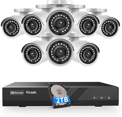 8 Channel Security Camera System, 4K 8CH PoE NVR 2TB HDD, 8PCS 5MP Wired Outdoor Surveillance IP PoE Cameras, Human Detection, Remote Access, Built-in mic,100ft IR Night Vision, PB37F0808-5M