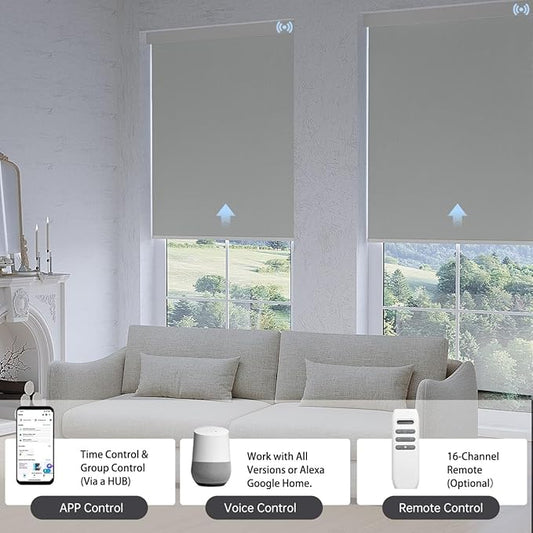 Motorized Blinds with Remote, Blackout Smart Blinds for Windows Automatic Roller Shades Compatible with Alexa, Motorized Shades Customized for Bedroom Home Office (Blackout-Vinyl Light Grey)