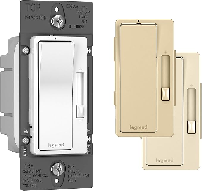 Legrand Radiant 1.6A Preset 3 Speed Decorator Rocker Fan Control Light Switch, For Smart Home Setup with Locator, Single Pole/3-Way, RHDH163PTCCCV6, White/Light Almond/Ivory, 1 Count