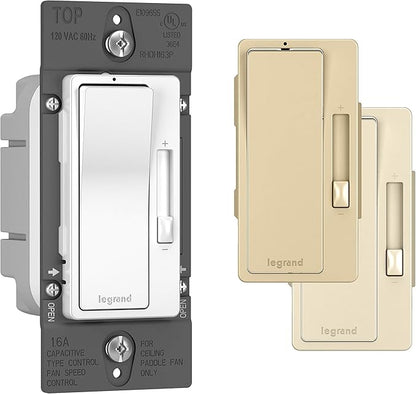 Legrand Radiant 1.6A Preset 3 Speed Decorator Rocker Fan Control Light Switch, For Smart Home Setup with Locator, Single Pole/3-Way, RHDH163PTCCCV6, White/Light Almond/Ivory, 1 Count