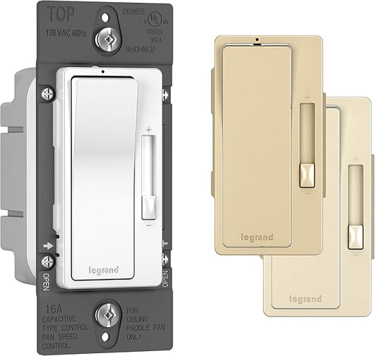 Legrand Radiant 1.6A Preset 3 Speed Decorator Rocker Fan Control Light Switch, For Smart Home Setup with Locator, Single Pole/3-Way, RHDH163PTCCCV6, White/Light Almond/Ivory, 1 Count