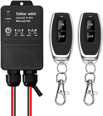 DieseRC Waterproof Wireless Remote Control DC 8V-80V 30A Radio Control Switch Outdoor Remote Switch for Wet Location Outdoor Yard Light Water Pump Farm Irrigation Roof Garden Fan Lamp Garage Warehouse