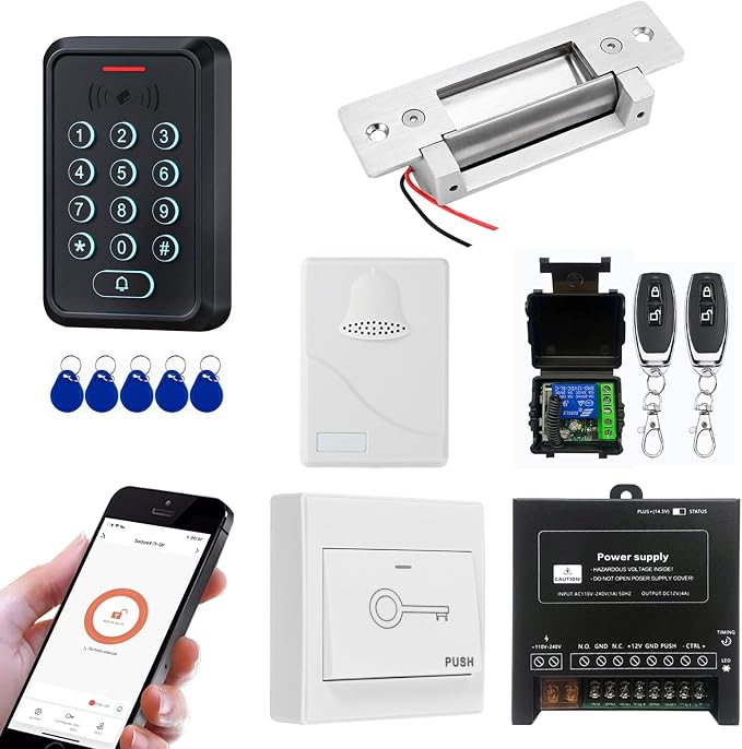 Smart Door Access Control System with Fail Secure Electric Strike Lock, WiFi & Tuya App Remote Unlock, Waterproof Keypad Reader (ID & IC Card), Power Supply, Exit Button, Doorbell & Remote Controls