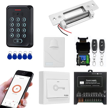 Smart Door Access Control System with Fail Secure Electric Strike Lock, WiFi & Tuya App Remote Unlock, Waterproof Keypad Reader (ID & IC Card), Power Supply, Exit Button, Doorbell & Remote Controls