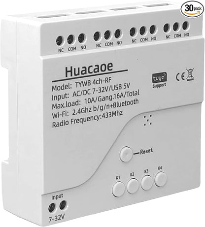 Tuya 4 Channel Updated USB 5V/DC/AC 7-32V, Momentary Inching Self-Locking Relay Module,Tuya App Remote Control,WiFi RF Bluetooth Switch Module,Dry Contact,Compatible with Alexa Goolge Home