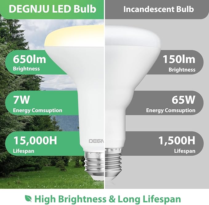 DEGNJU 12 Pack Indoor Flood Light Bulbs, BR30 LED Bulb 7W Equivalent 65W, Dimmable Recessed Light Bulbs, 650LM 2700K Soft White 15000 Lifetime LED Can Light Bulb, Interior Home E26 Base