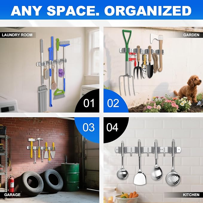 Broom Holder Wall Mount Mop Organizer, 4 Racks 3 Hooks, 2 Pack | Premium Stainless Steel Mop Holder Storage Tool Utility Racks Solid for Home Kitchen Garden Laundry Garage