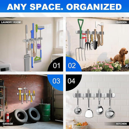 Broom Holder Wall Mount Mop Organizer, 4 Racks 3 Hooks, 2 Pack | Premium Stainless Steel Mop Holder Storage Tool Utility Racks Solid for Home Kitchen Garden Laundry Garage