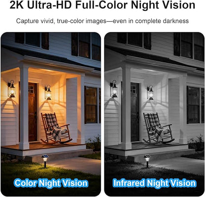 Solar Security Cameras Wireless Outdoor, WiFi Cameras for Home Security, 360° View Outdoor Camera Wireless, 2K Color Night Vision, AI Motion Detection, Instant Alert, 2-Way Audio, Cloud/SD Storage