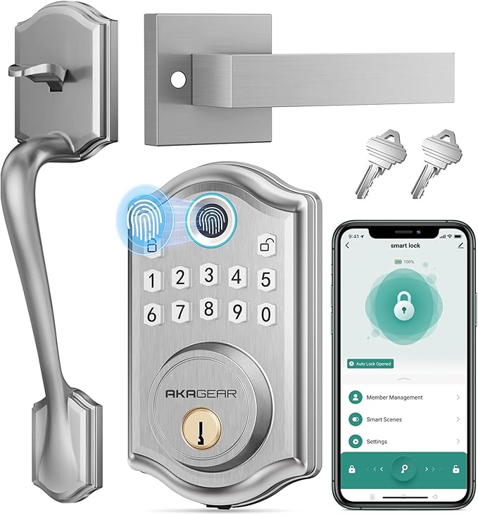 AkaGear DS10 Pro Keyless Entry Door Lock Deadbolt with Handle Set, Smart Front Door Locks Set, Electronic Keypad, Fingerprint Door Lock, Bluetooth, Auto-Lock, APP Control, Code Unlock, Satin Nickel
