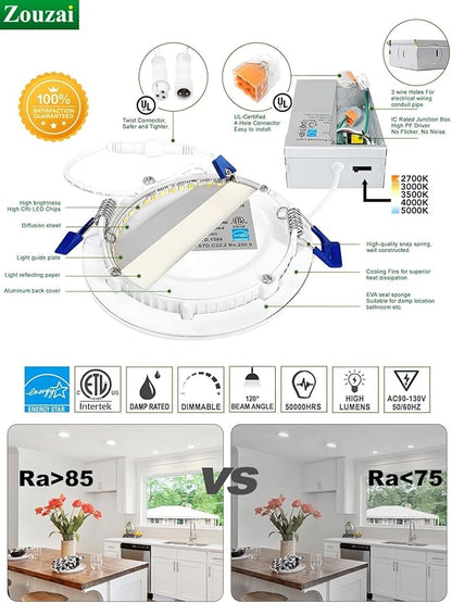 zouzai 24 Pack 6 Inch Ultra-Thin LED Recessed Ceiling Light with Junction Box 5CCT Adjustable Dimmable Can-Killer Downlight - ETL and Energy Star Certified (24 Pack,5CCT, 6 Inch)