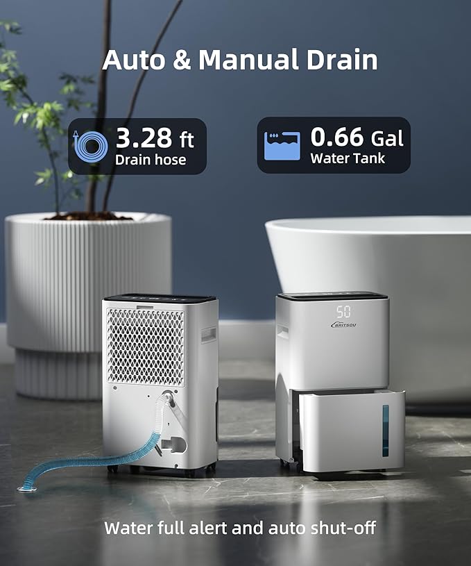 34 Pint Dehumidifier for Basement with Drain Hose & 0.66 Gallon Water Tank, Manual & Auto Drainage, Smart Quiet Dehumidifiers for Home with Auto Shut off, 24HR Timer