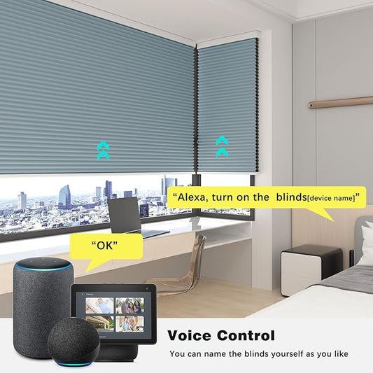 Changshade Blackout Smart Blinds Cellular Shades for Windows Doors Motorized with Remote Control, Custom Size Automatic Honeycomb Blind Electric Power Compatible with Alexa, Google Home, Blue