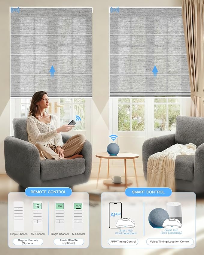 Motorized Roman Shades for Windows, Custom Light Filtering Roman Blinds with Remote, Smart Privacy Window Shades for Living Room Kitchen Office, Alexa & Google Home Compatible, App Control via RF Hub