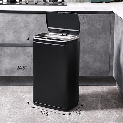 ELPHECO 50 Liter / 13.2 Gallon Rectangular Kitchen Trash Can, Brushed Stainless Steel Finish Motion Sensor Trash Can, Automatic Trash can for Kitchen, Living Room, Office, 3 AA Batteries, Black