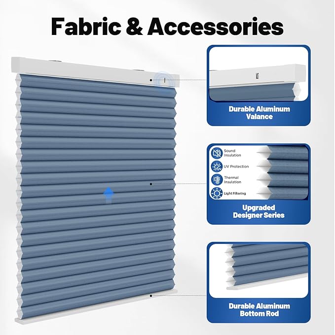 Motorized Cellular Shades with Remote, Light Filtering Smart Cellular Shades Compatible with Alexa, Honeycomb Window Blinds for Bedroom Home Office, Custom Size, Half Shading Blue