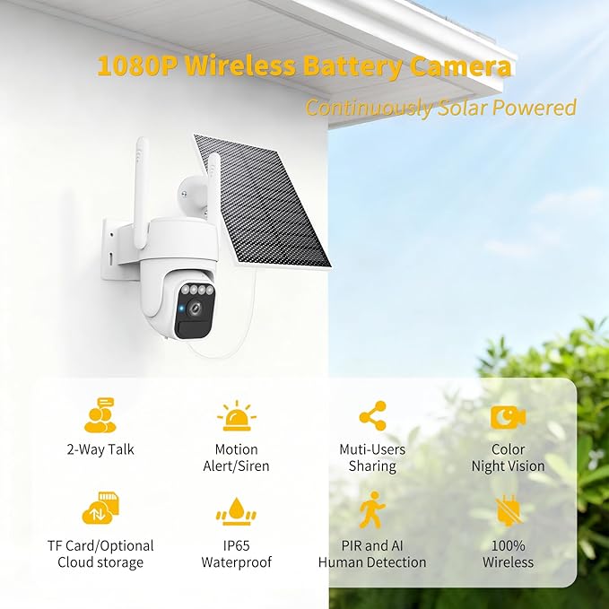 WY-LINK Solar Camera Outdoor Wireless, 360° Cameras for Home Security, Two-Way Talk, Auto Tracking, Light Alarm, Color Night Vision (2, White, Wi-Fi)
