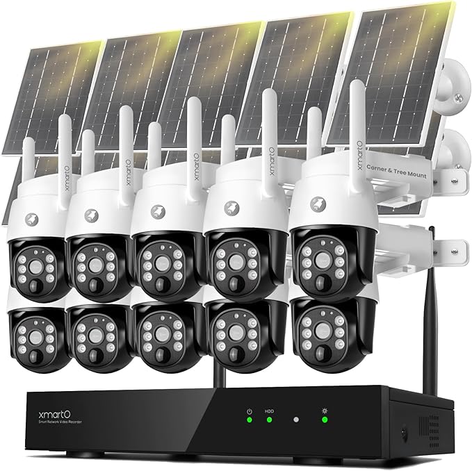 xmartO Virtual Bundle: 10CH 4K Dual WiFi6 NVR + 10x4MP QHD Solar PTZ Cameras, Automotive-Grade Battery All-Weather-Charge, 5G 1300ft Long Range H.265+, Outdoor/Indoor Wire-Free, Wall/Tree/Pole/Ceiling