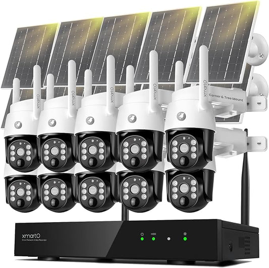 xmartO Virtual Bundle: 10CH 4K Dual WiFi6 NVR + 10x4MP QHD Solar PTZ Cameras, Automotive-Grade Battery All-Weather-Charge, 5G 1300ft Long Range H.265+, Outdoor/Indoor Wire-Free, Wall/Tree/Pole/Ceiling