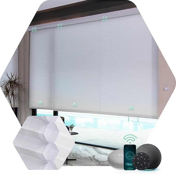 Yoolax Motorized Cellular Shades Compatible with Alexa, Light Filtering Motorized Blinds Smart Honeycomb Shades for Windows, Automatic Blinds with Remote (Light Filtering White)